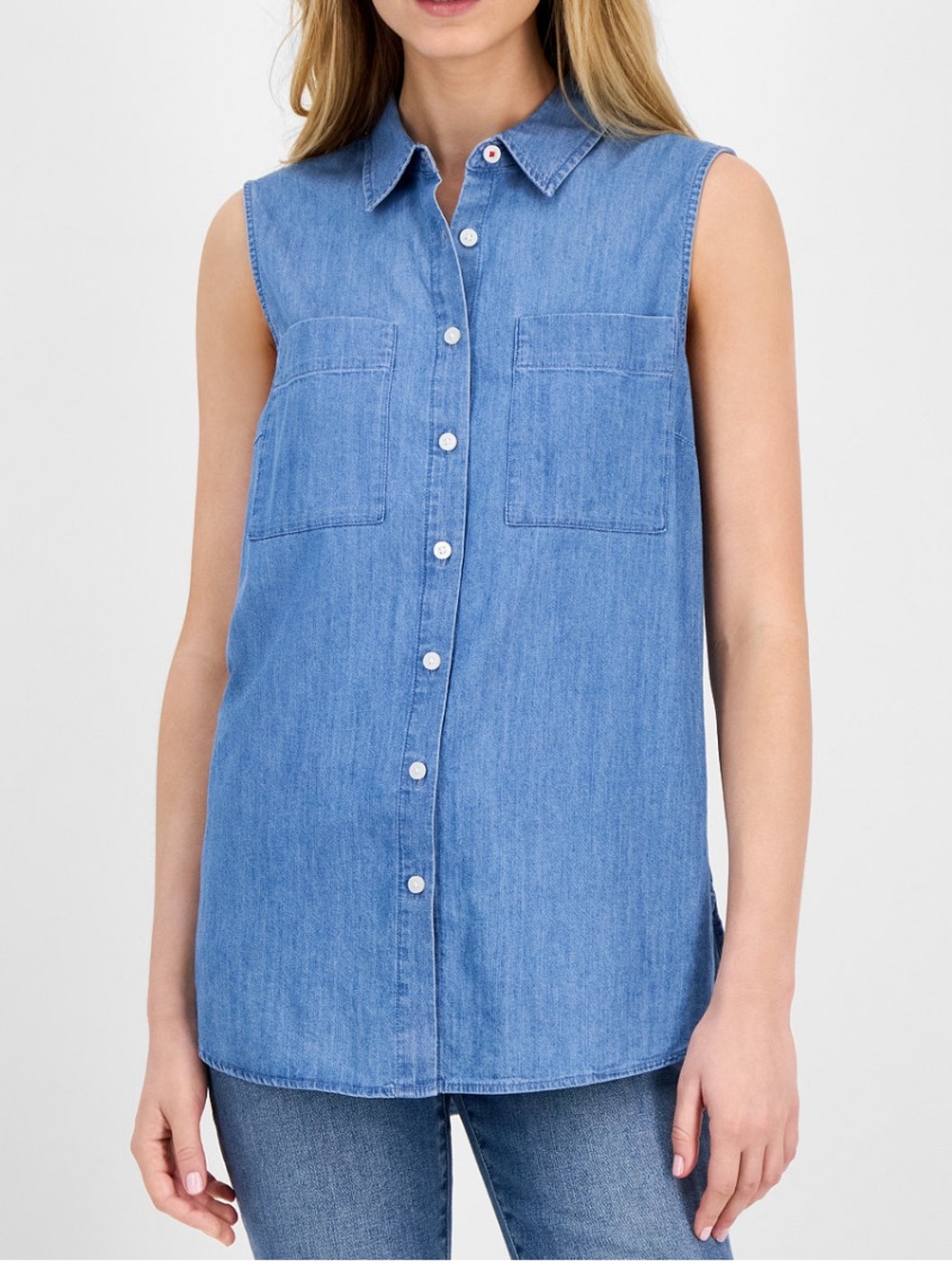 Sleeveless Button-Front denim Shirt - Light Blue